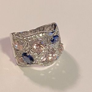 Sterling silver ring with pink, blue and clear stones